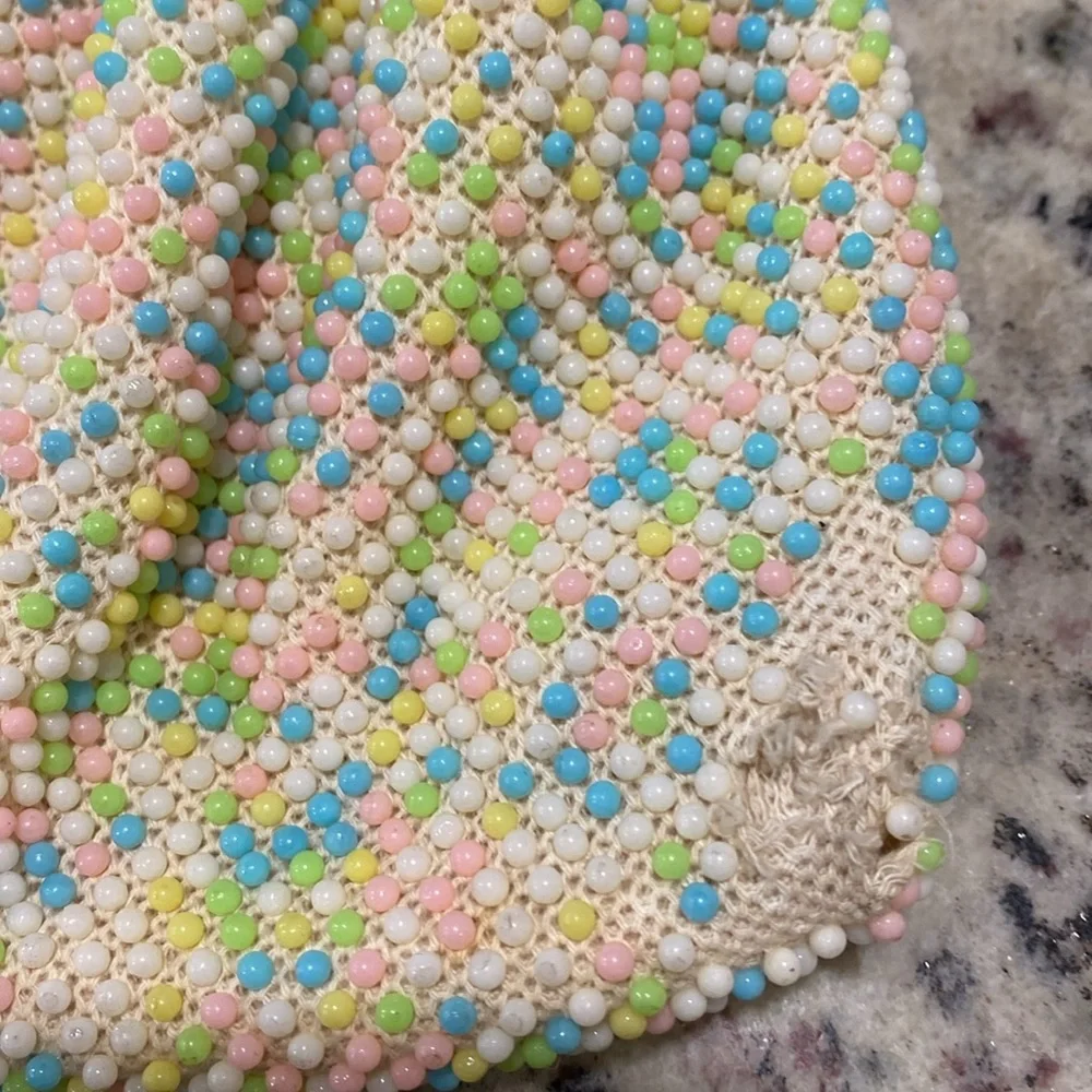 Vintage Pastel Beaded Multicolor Evening Bag with Gold Chain